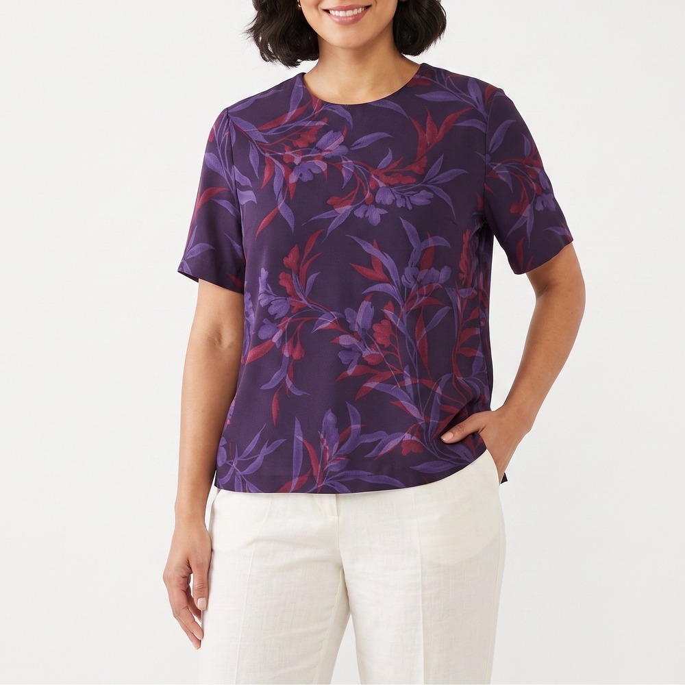 Laura Scott Blouse Womens 18W Plum Leaf Floral Purple Short Sleeve Vintage NEW